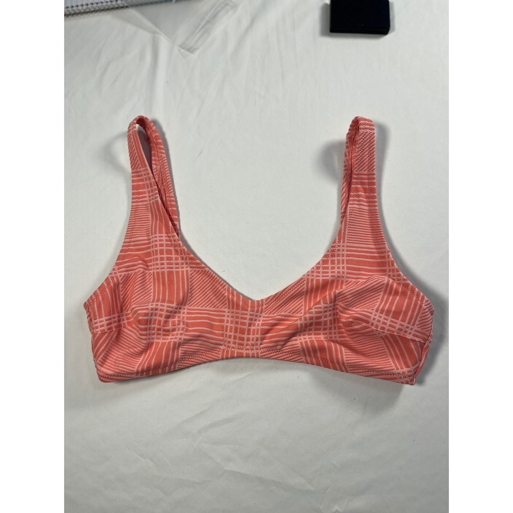 Aerie Womens Scoop Neck Bikini Top Coral Pink White Plaid Textured‎ Size Large
